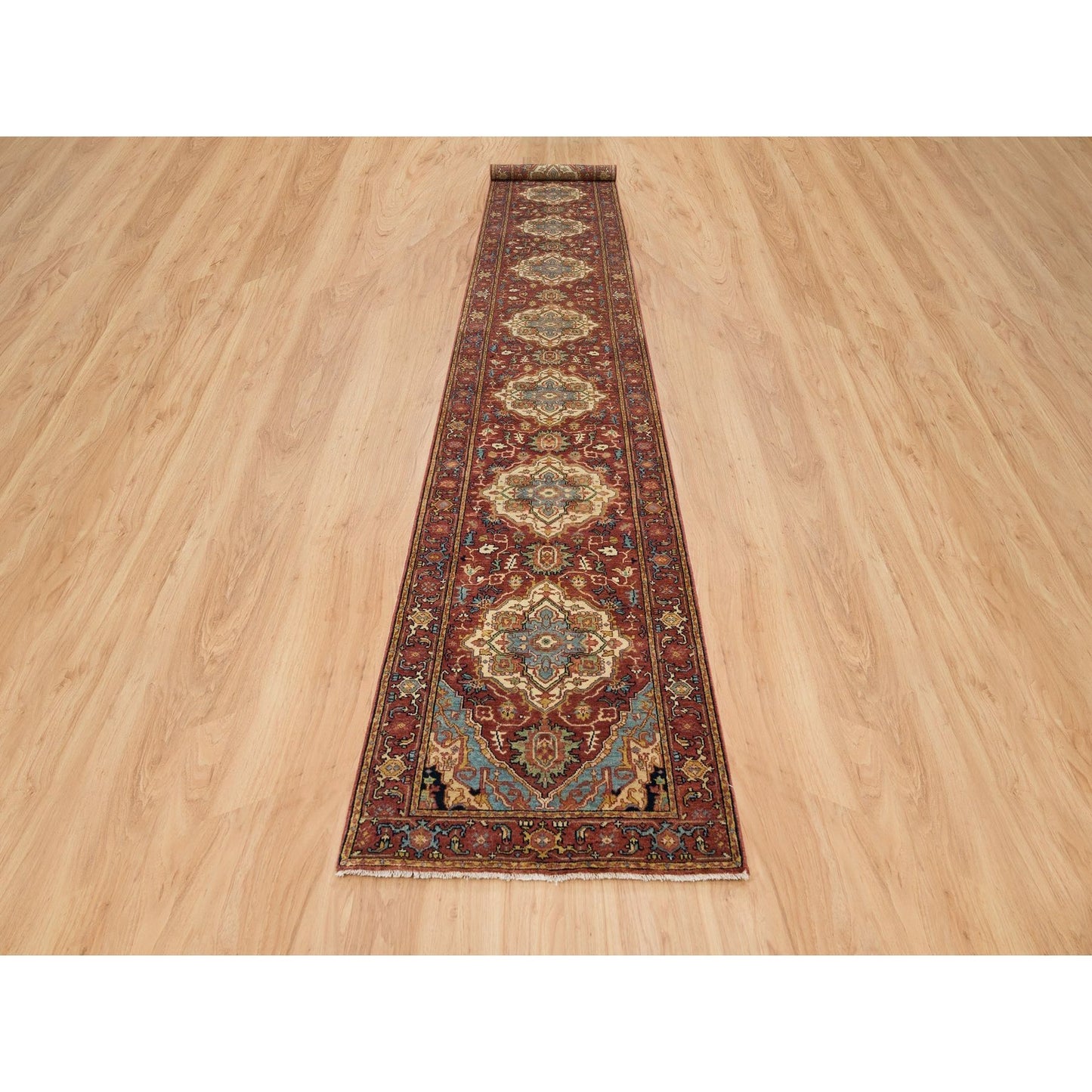 2'7"X18' Red Hand Knotted Fine Heris Re-Creation Wool Xl Runner Rug