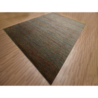 9'1"X12'2" Olive Green Wool And Silk Modern Grass Design Hand Knotted Rug