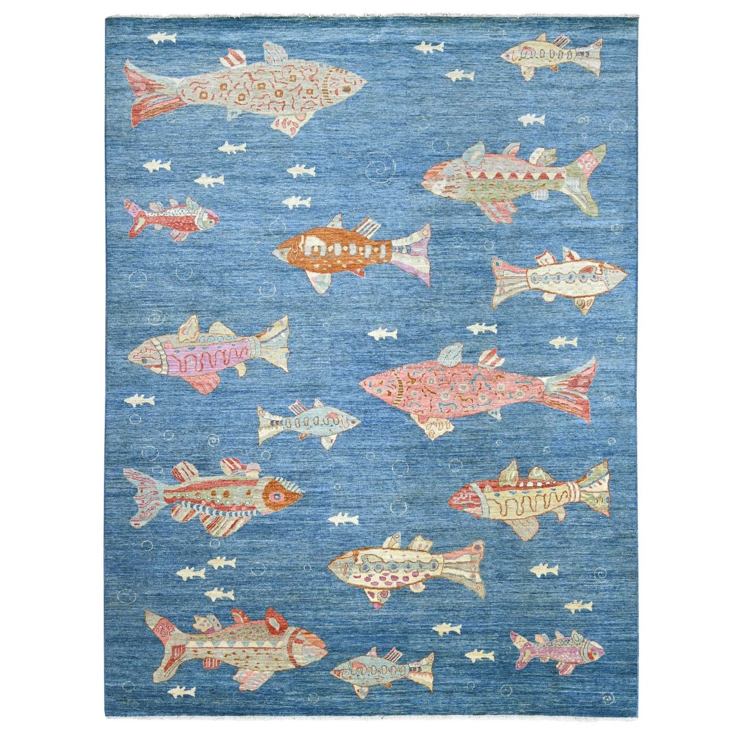 9'x11'9" Blue Afghan Peshawar with Fish Design Soft Wool Hand Knotted Rug