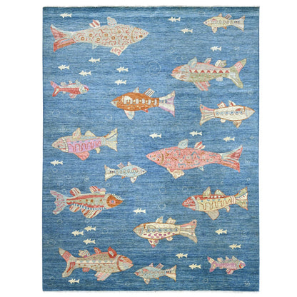 9'x11'9" Blue Afghan Peshawar with Fish Design Soft Wool Hand Knotted Rug
