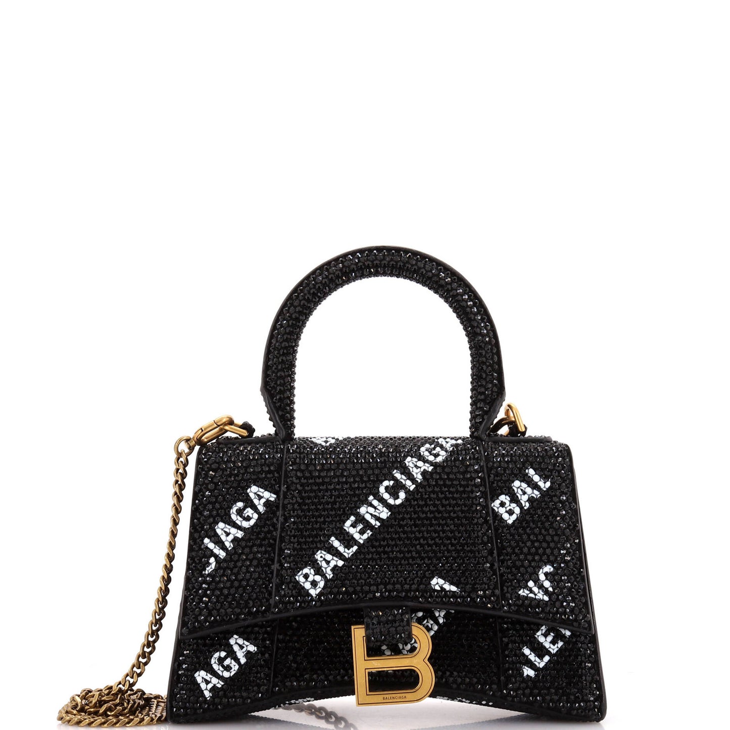 Balenciaga Hourglass Top Handle Bag Suede And Allover Logo Crystals Xs