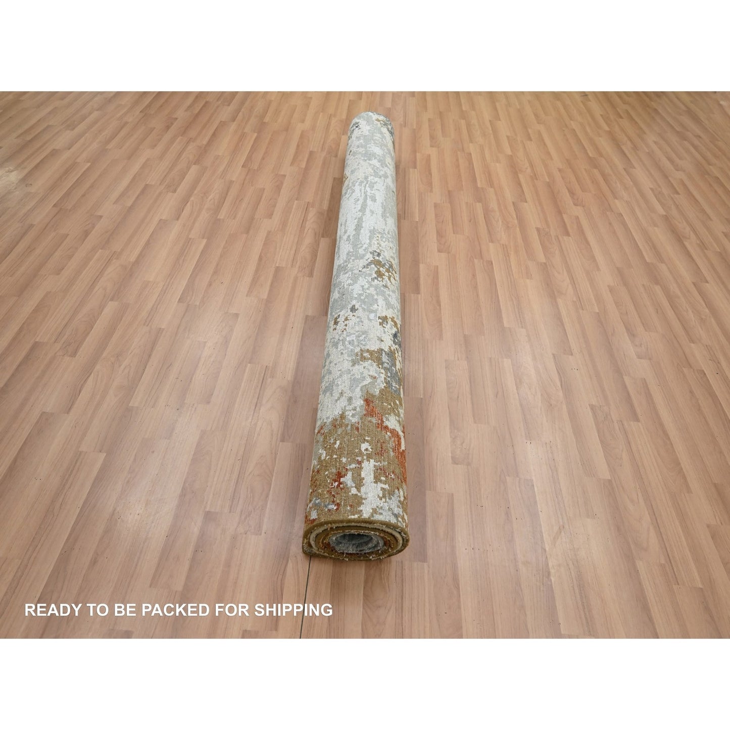 6'X9'3" Blue With Beige Abstract Galaxy Design Pure Wool Hand Knotted Rug