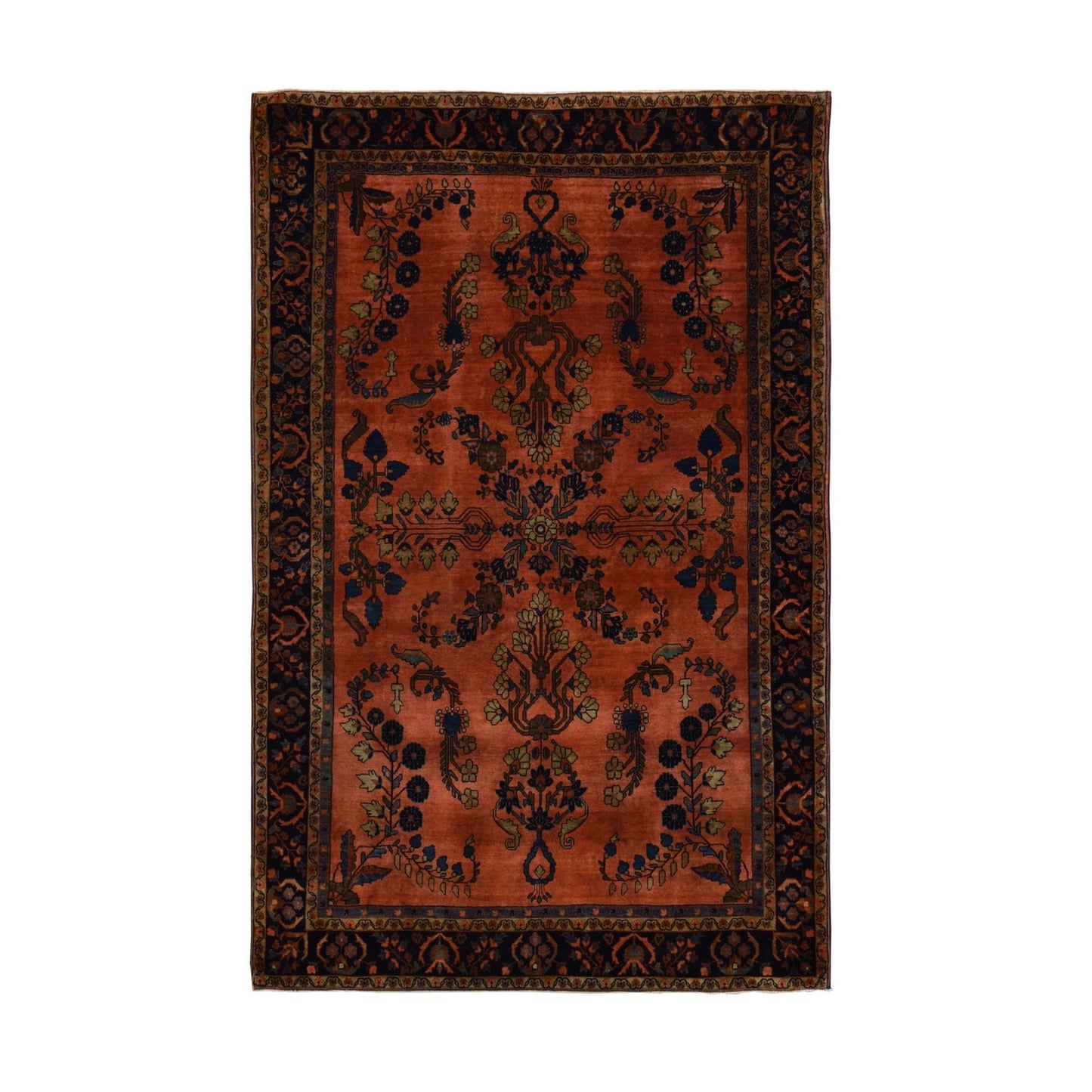 4'2"X6'4" Orange Rust Antique Zoroastrian Sarouk Mohajoren Oriental Rug