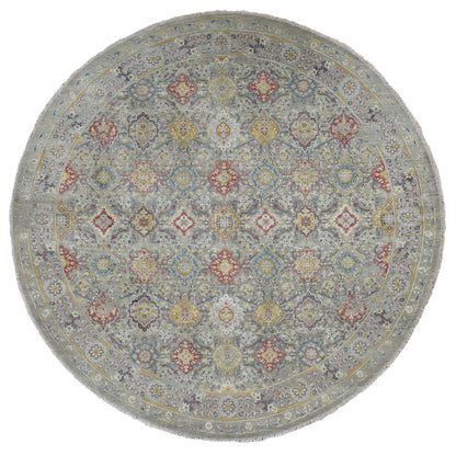 10'X10' Gray The Sunset Rosettes Silk And Wool Hand Knotted Round Rug