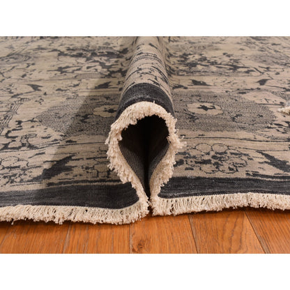 9'1"X12' Tan Color Erased Zoroastrian Design Wool & Silk Hand Knotted Rug