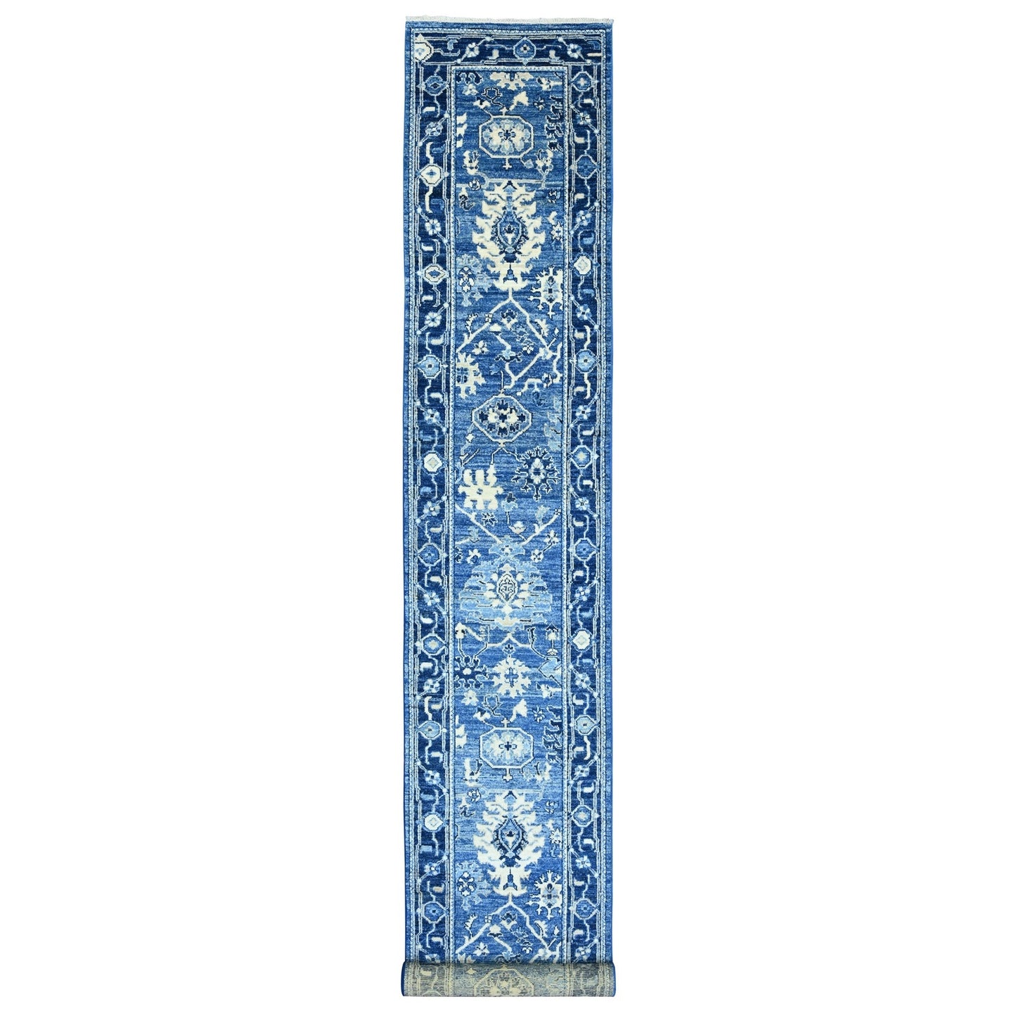 2'9"X19'7" Blue Hand Knotted Angora Oushak Leaf Design Wool Runner Rug