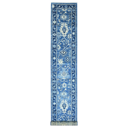 2'9"X19'7" Blue Hand Knotted Angora Oushak Leaf Design Wool Runner Rug