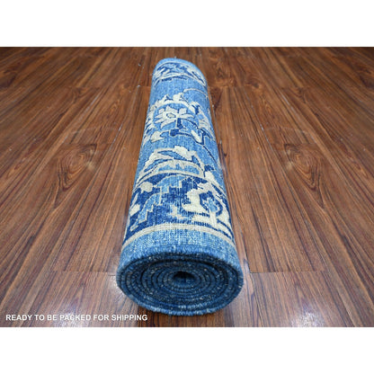 2'7"X12'1" Denim Blue Mahal Design Hand Knotted Wool Runner Oriental Rug