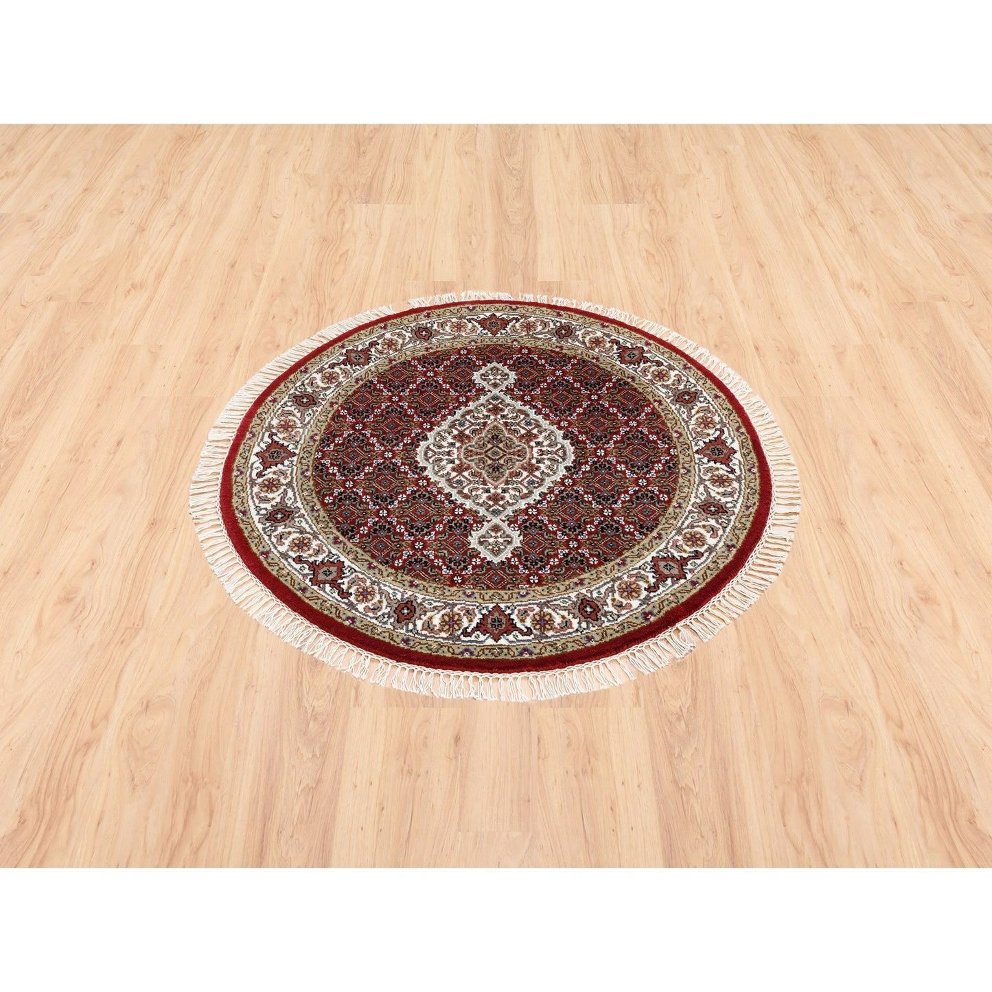 3'4"X3'4" Red Wool And Silk Fish Design Tebraz Mahi Handknotted Round Rug