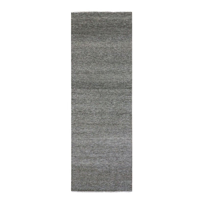 4'1"X12'1" Gray Grass Design Undyed Wool Hand Knotted Wide Runner Rug