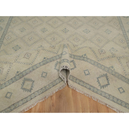 9'X12' Ivory Zero Pile Box Design Tribal With Motifhand Knotted Wool Rug