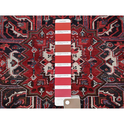 8'X9'2" Red Vintage Zoroastrian Heris Pure Wool Hand Knotted Worn Down Rug