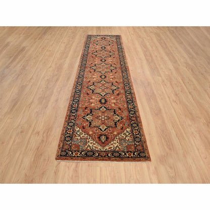 2'7"X12' Red Pure Wool Hand Knotted Antiqued Heris Re-Creation Runner Rug