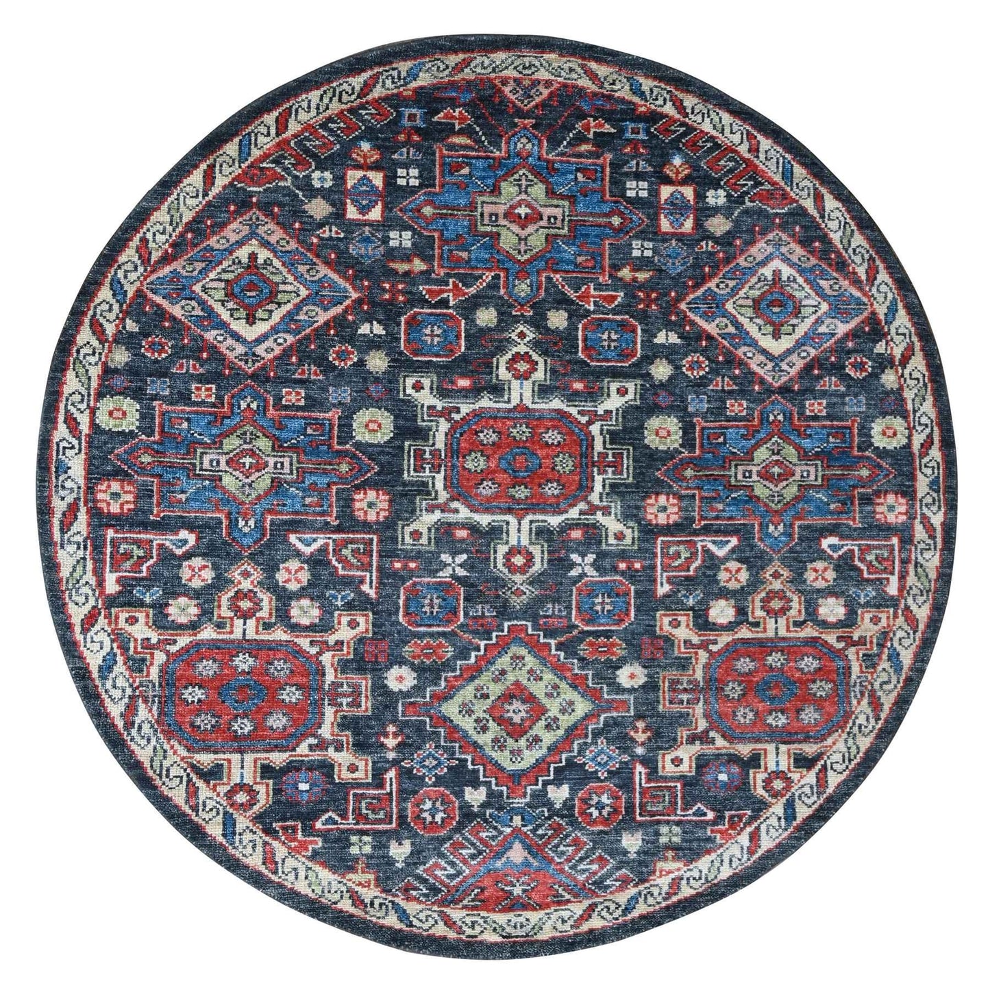 7'9"X7'9" Black Karjihooz Heris Pure Wool Hand Knotted Round Oriental Rug