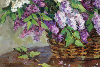 Natalia Navashina Krandievskaya Lilacs In A Basket Soviet Oil Painting Signed