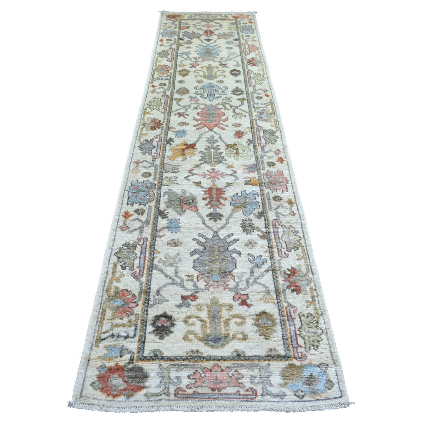 2'8"X11'8" Ivory Leaf Design Hand Knotted Angora Oushak Wool Runner Rug
