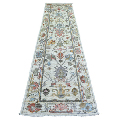 2'8"X11'8" Ivory Leaf Design Hand Knotted Angora Oushak Wool Runner Rug