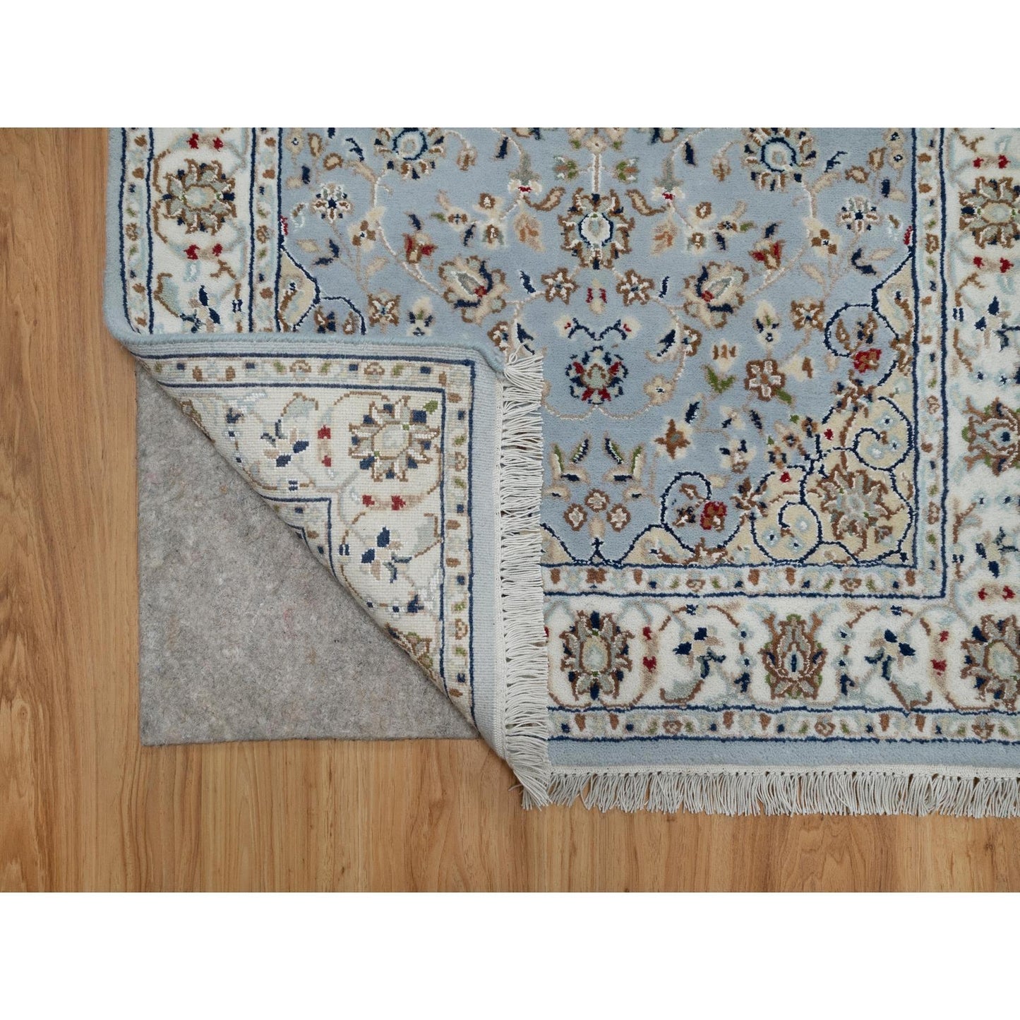 2'8"X12'9" Blue Nain Flower Design Wool And Silk Hand Knotted Runner Rug