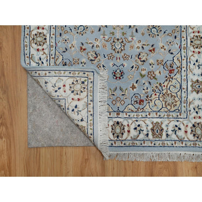 2'8"X12'9" Blue Nain Flower Design Wool And Silk Hand Knotted Runner Rug
