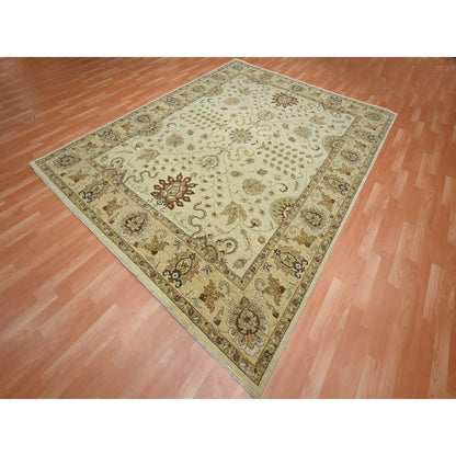8'X10' Ivory Hand Knotted Agra Ziegler Design Leaf Pattern Pure Wool Rug