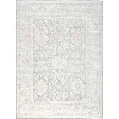 8'9"X11'10" Gray White Wash Peshawar Leaf Design Hand Knotted Pure Wool Rug