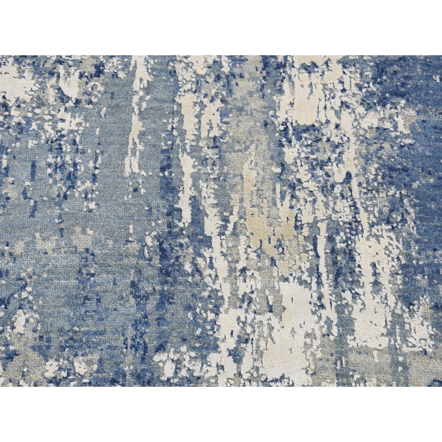 2'6"X8'1" Blue Abstract Design Wool And Silk Hand Knotted Runner Rug