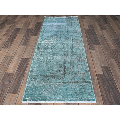 2'X5'9" Blue Overdyed Vintage Zoroastrian Hand Knotted Pure Wool Runner Rug