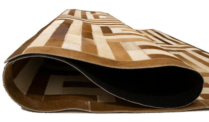 Handcrafted Brown Beige Cowhide Leather Rug
