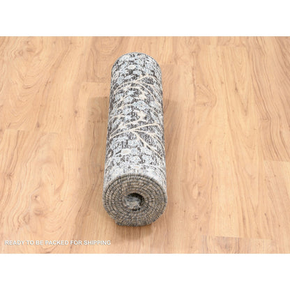2'7"x8'3" Silver, Willow and Cypress, Silk/ Wool Hand Knotted, Runner Rug