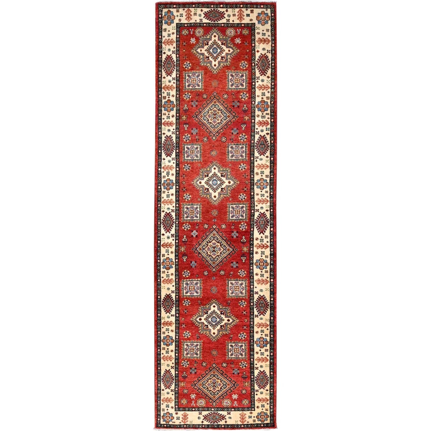 2'8"X9'6" Lattice Red Hand Knotted Afghan Special Kazak Wool Runner Rug