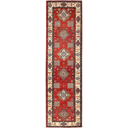 2'8"X9'6" Lattice Red Hand Knotted Afghan Special Kazak Wool Runner Rug