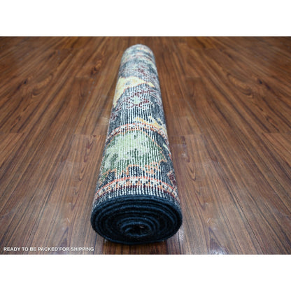 2'9"X9'9" True Black Wool Hand Knotted Afghan Angora Oushak Runner Rug
