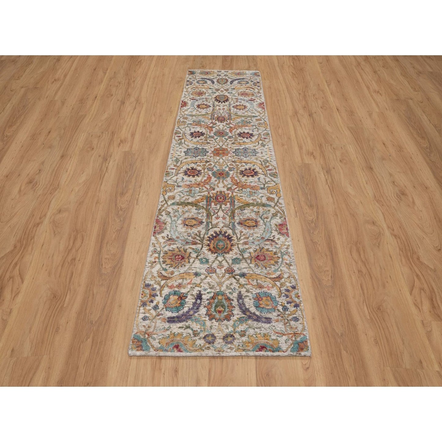 2'7"X10' Ivory Sickle Leaf Design Runner Rug Hand Knotted Silk With Wool