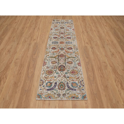 2'7"X10' Ivory Sickle Leaf Design Runner Rug Hand Knotted Silk With Wool