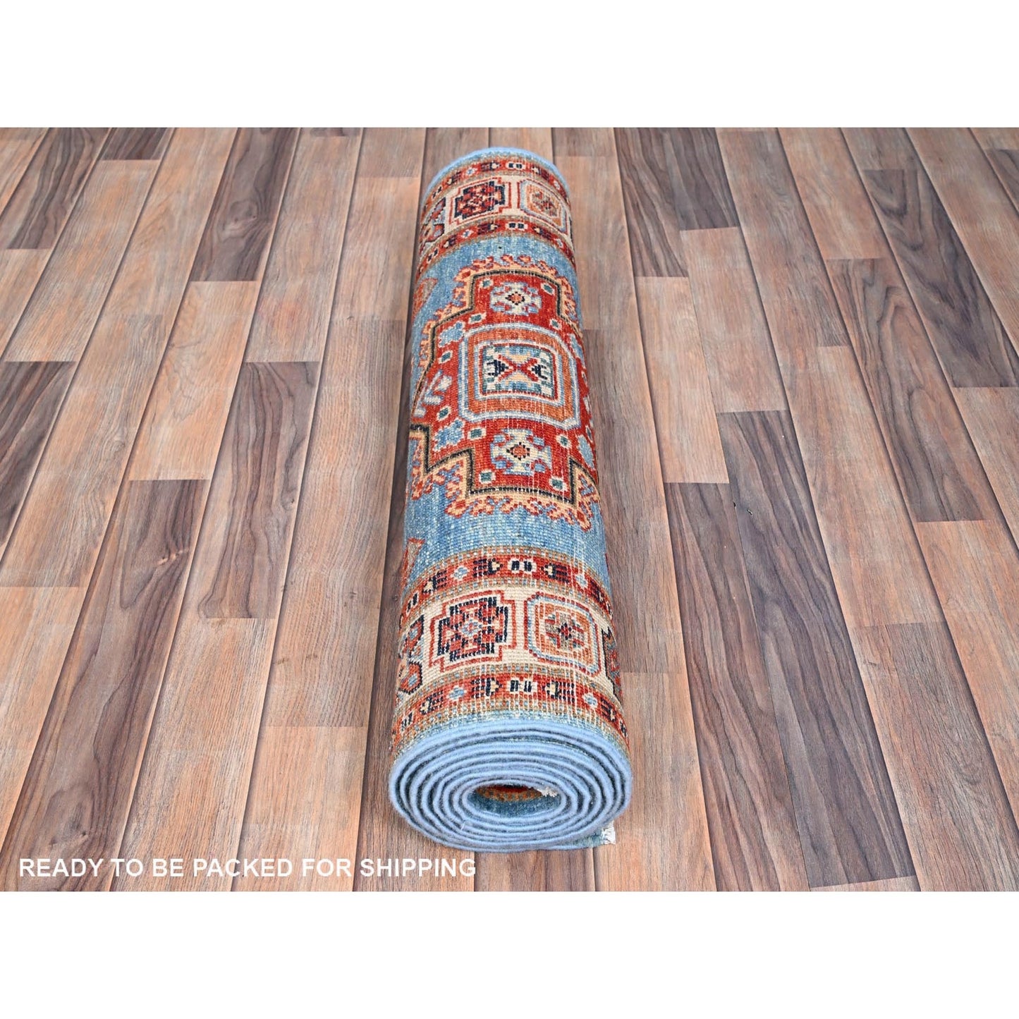 2'10"X9'7" Jelly Bean Blue Special Kazak Hand Knotted Wool Runner Rug