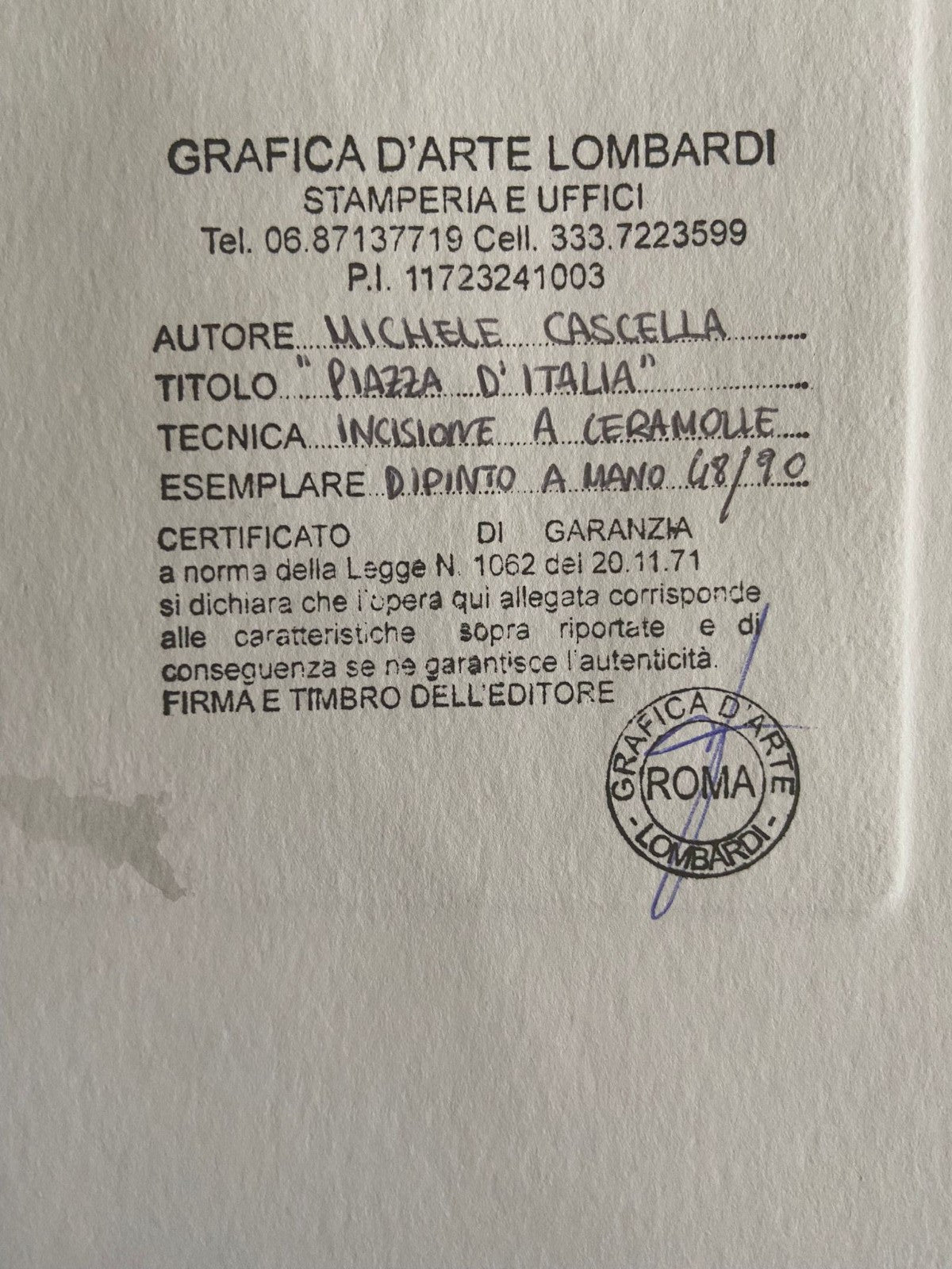 Michele Cascella Hand-Signed Watercolor Etching