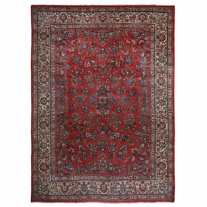 10'X13'9" Crimson Red Vintage Zoroastrian Saroogh Wool Hand Knotted Rug