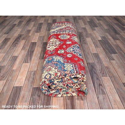 9'2"X11'6" Red Hand Knotted Soft Wool Kazak Tribal Motifs Oriental Rug