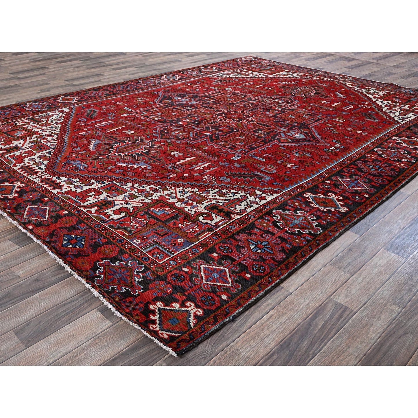 8'4"X11'4" Red Vintage Zoroastrian Heris Sheared Low Hand Knotted Wool Rug