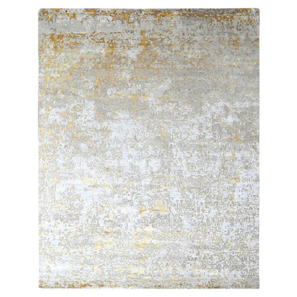 9'X12' Beige With Gold Abstract Design Wool And Silk Hand Knotted Rug
