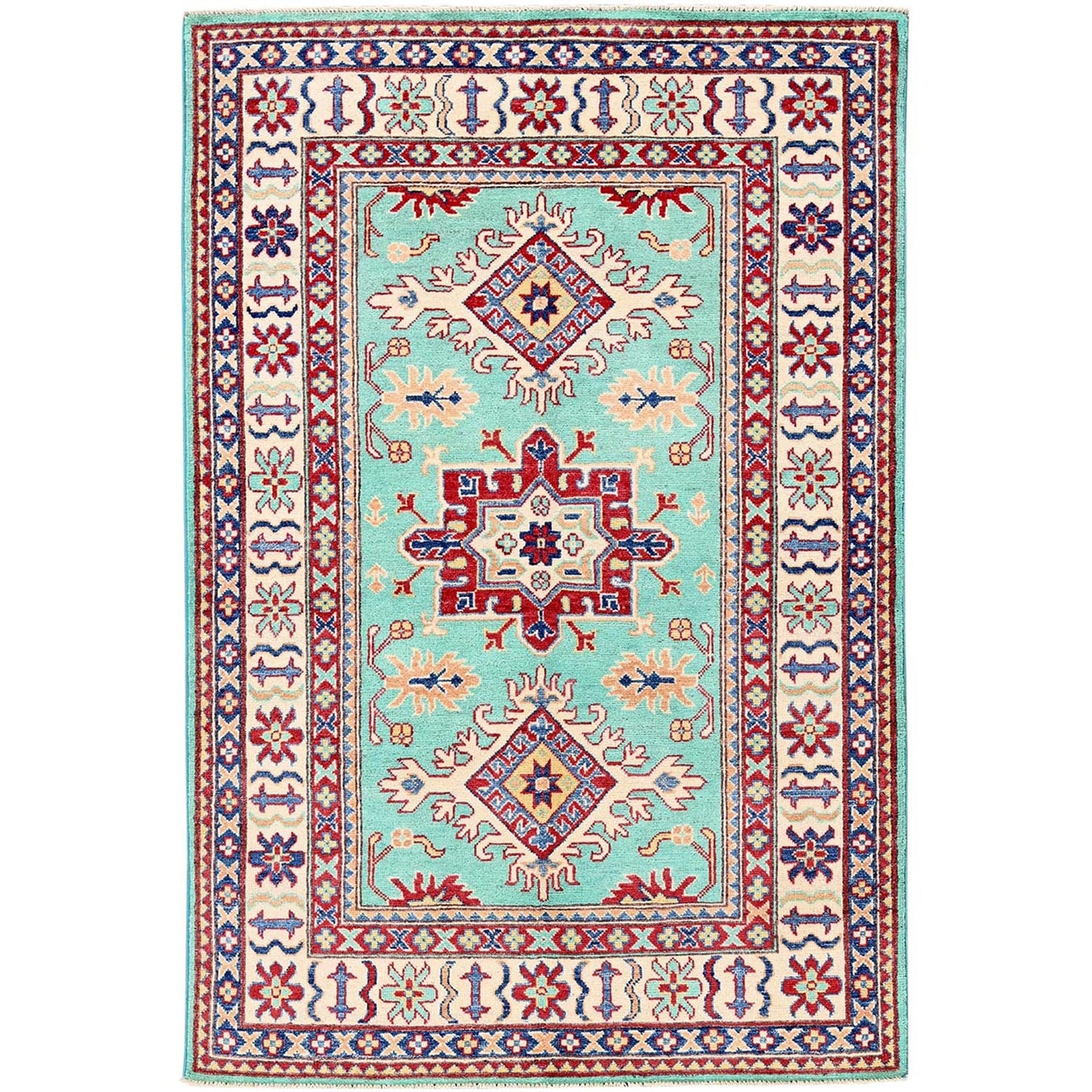 4'X5'10" Green Kazak With Tribal Medallions Design Wool Hand Knotted Rug