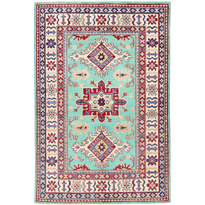 4'X5'10" Green Kazak With Tribal Medallions Design Wool Hand Knotted Rug