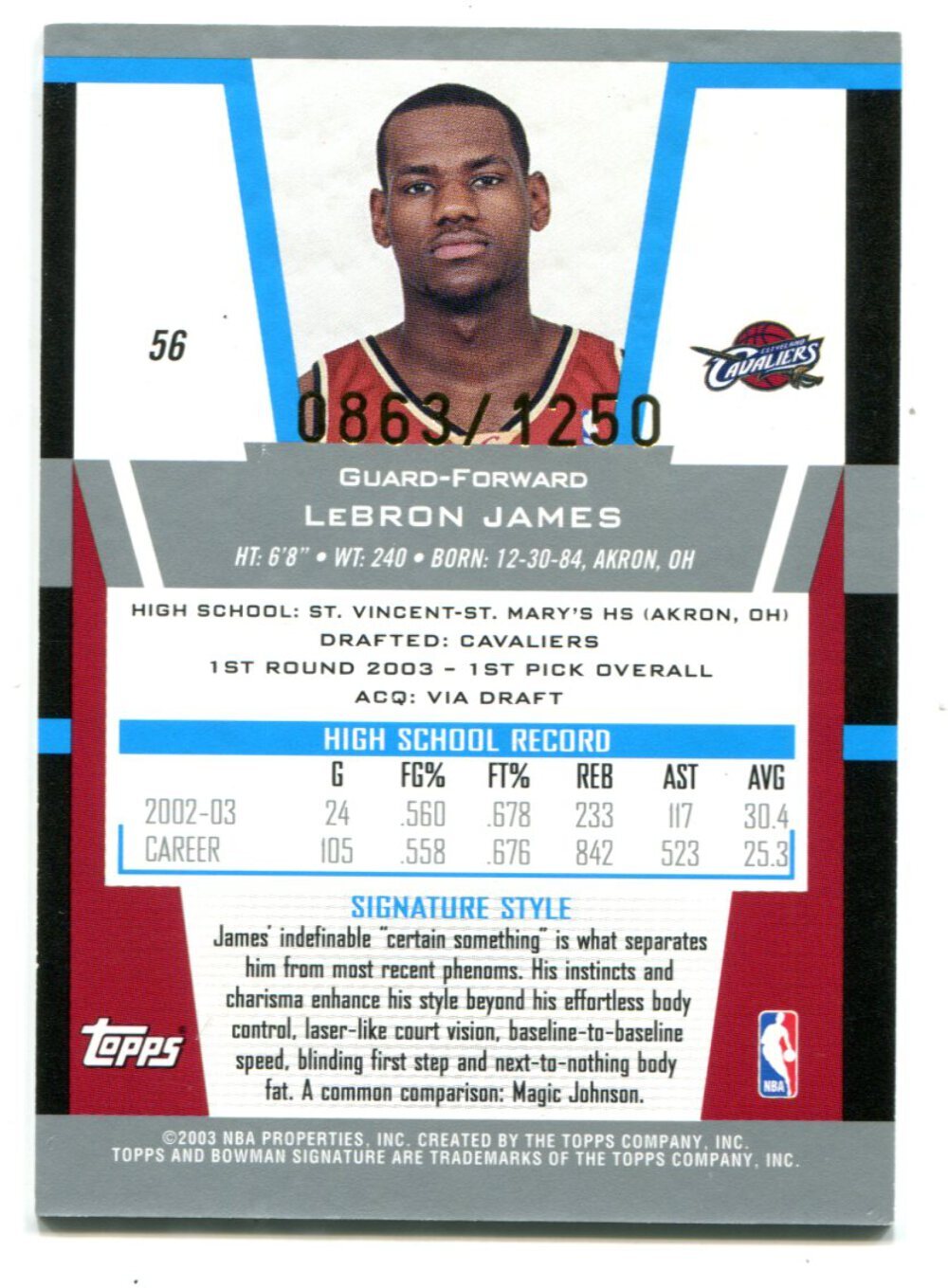 Lebron James 2003-04 Topps Bowman Signature #56 /1250 Card