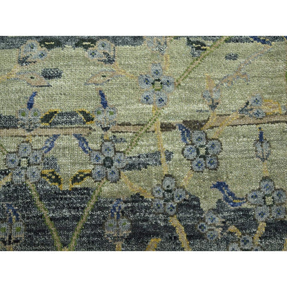 6'1"X9'3" Green Broken And Erased Birds Design Hand Knotted Pure Wool Rug