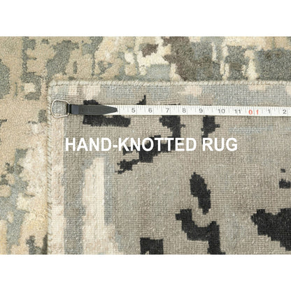 4'X12' Hand Knotted Taupe Abstract Design Wool Silk Runner Hi-Low Rug