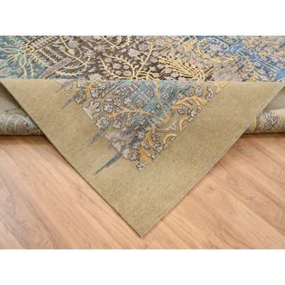 12'2"X12'2" Gold Brown Silk With Wool Hand Knotted Saroogh Square Rug