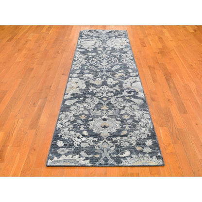 3'X12'2" Silk With Textured Wool Palmette Motif Hand Made Wide Runner Rug