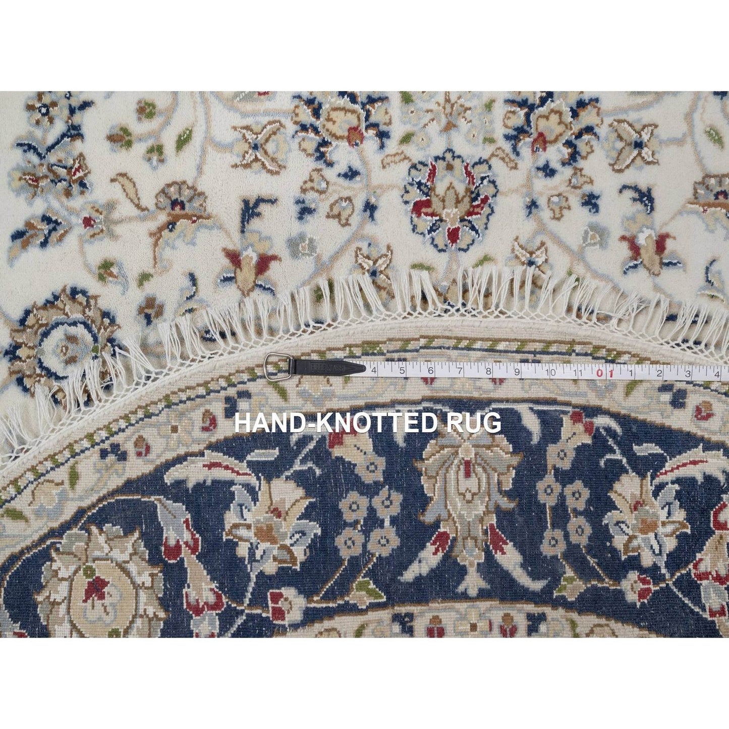 5'X5' Ivory Nain With Flower Design Wool And Silk Hand Knotted Round Rug
