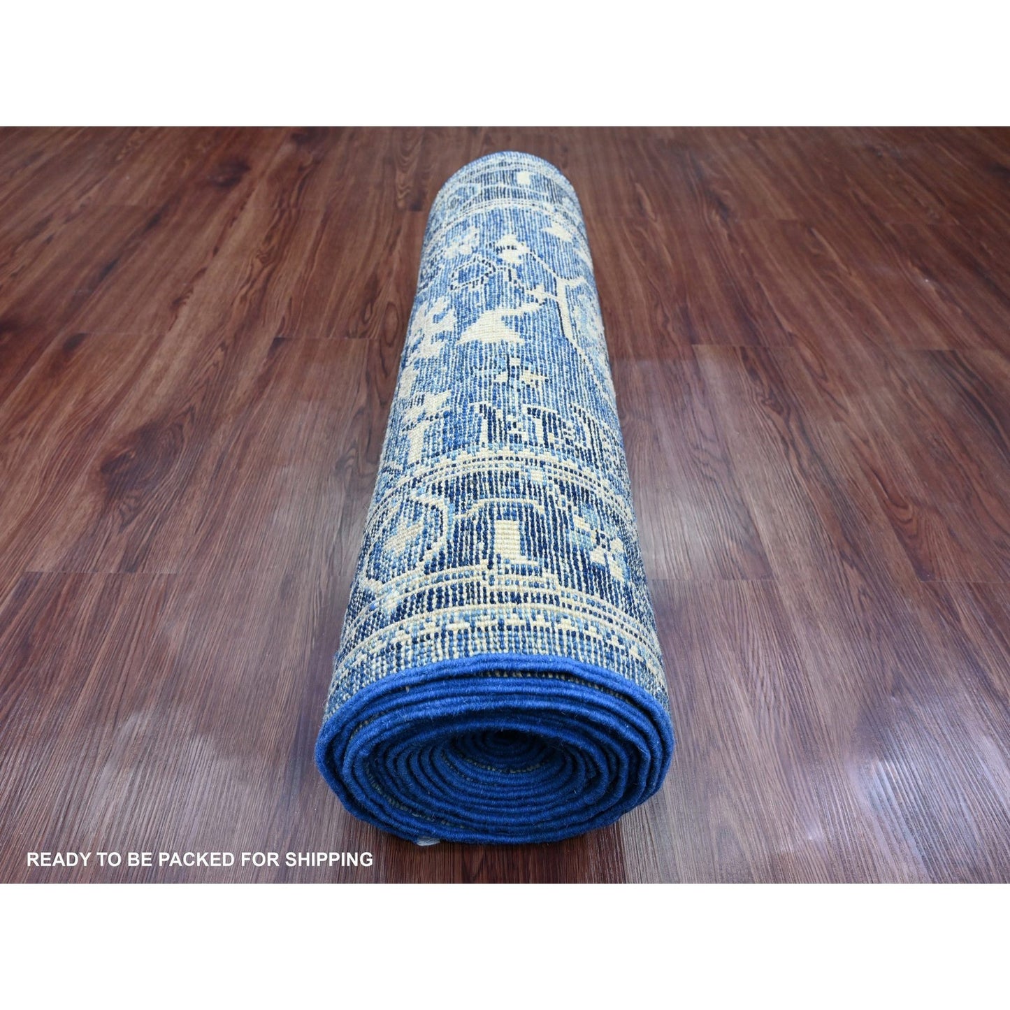 2'9"X19'7" Blue Hand Knotted Angora Oushak Leaf Design Wool Runner Rug