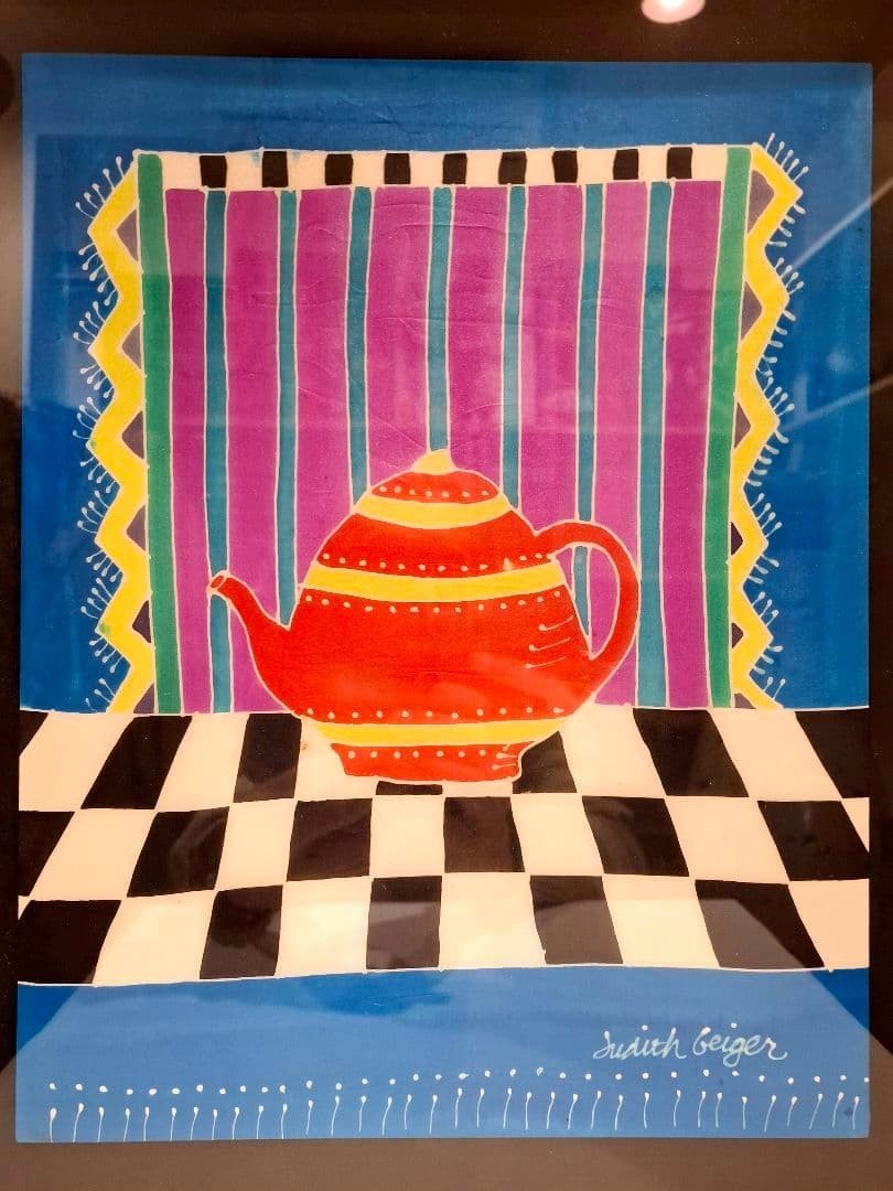 Judith Geiger Signed Framed Silkscreen Teapot Art Textile Art
